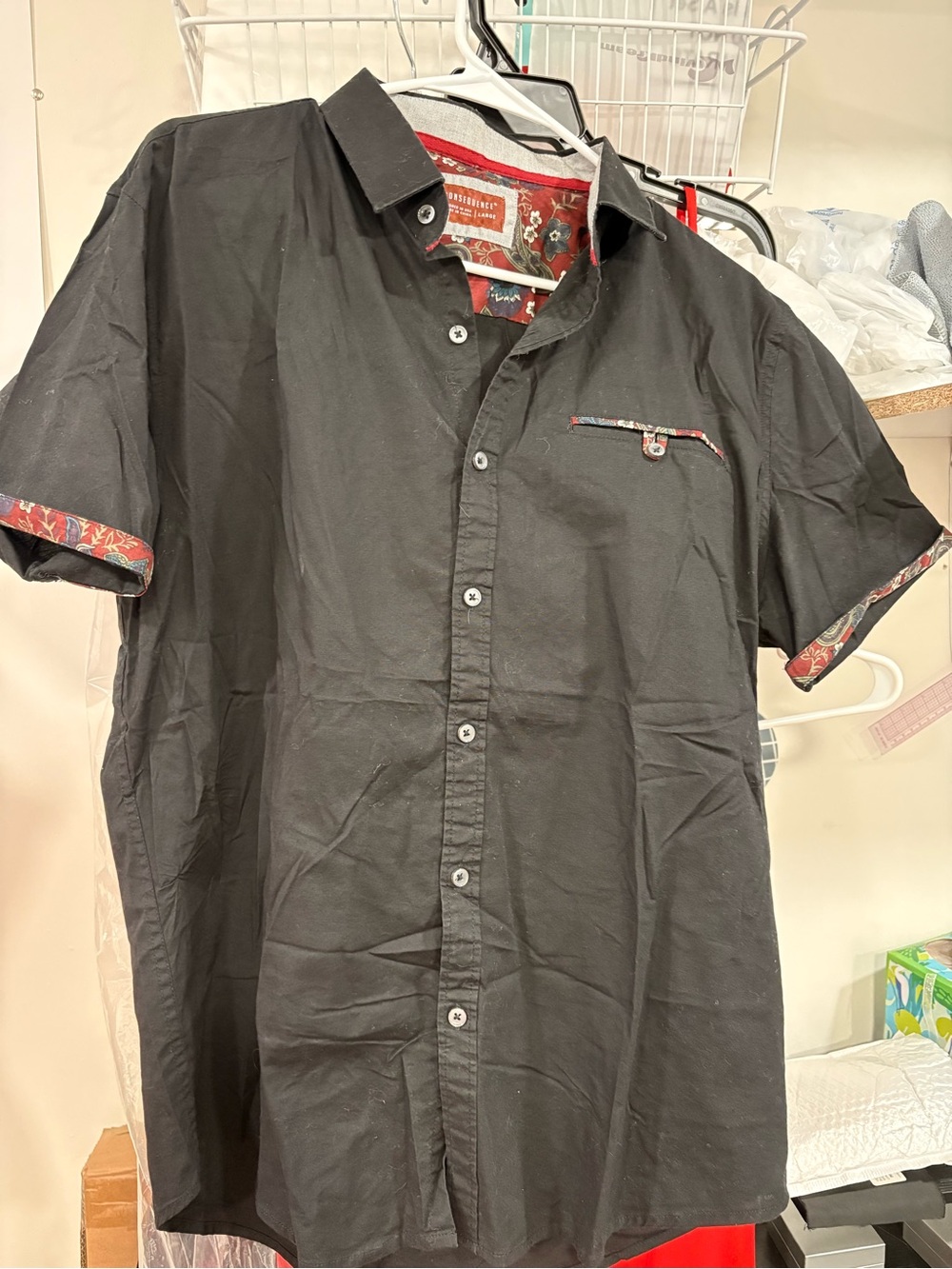 Men's Black Short-Sleeve Button-Up Shirt with Contrast Trim